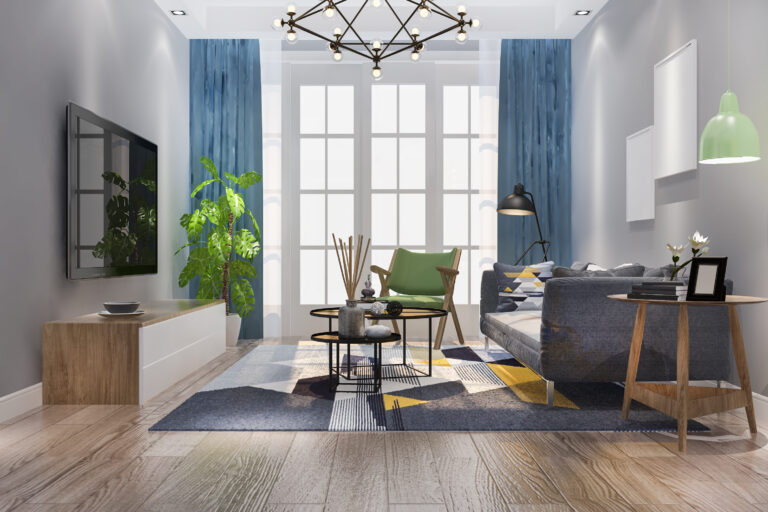 Home 3d rendering vintage colorful living room with retro style