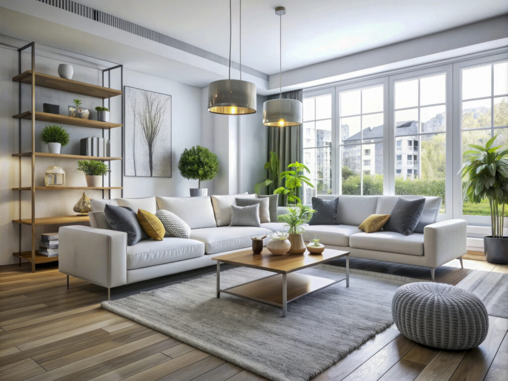 living room with couch coffee table large window