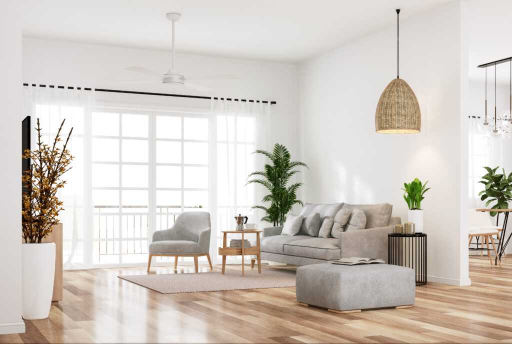 modern style white living and dining room 3d render